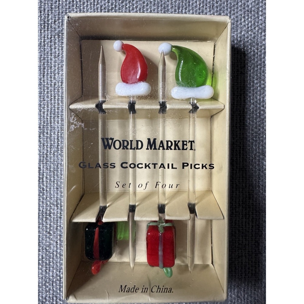 World Market Glass Cocktail Picks Set of 4 Christmas Santa Hat Gift Present Bar